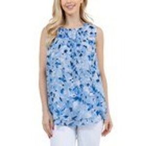 NWT Cristina B Womens Blue White Abstract Floral Pleated Tiered Sleeveless Top S